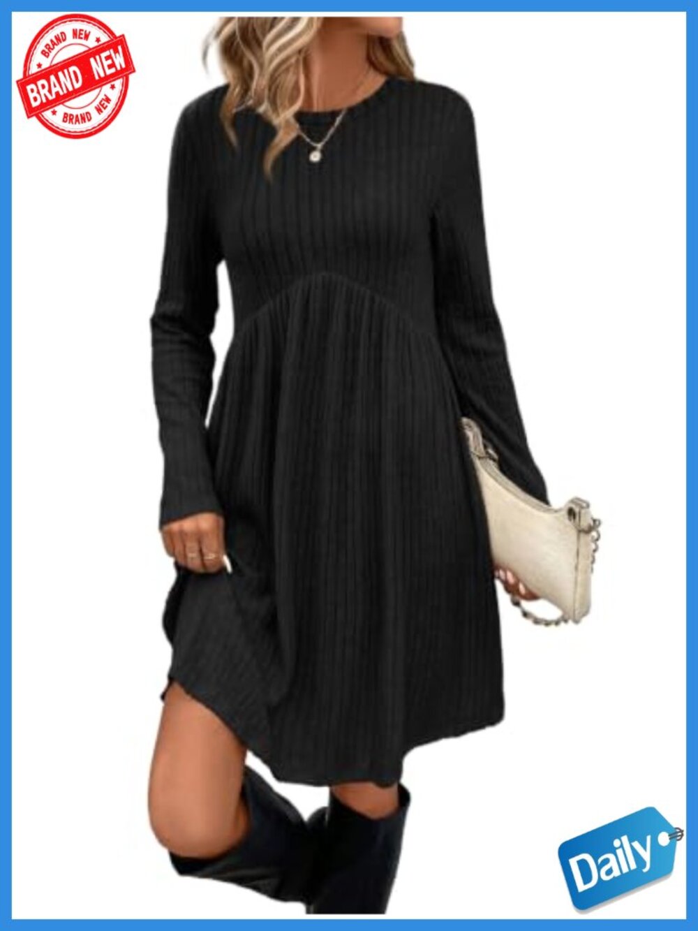 Long Sleeve Crew Neck Empire Waist Tunic Dress with Pockets